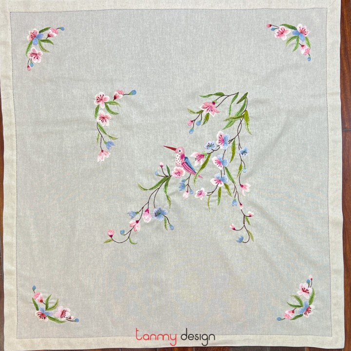 Square table cloth -new bird and orchid embroidery(size 90 cm) (Beige cloth)